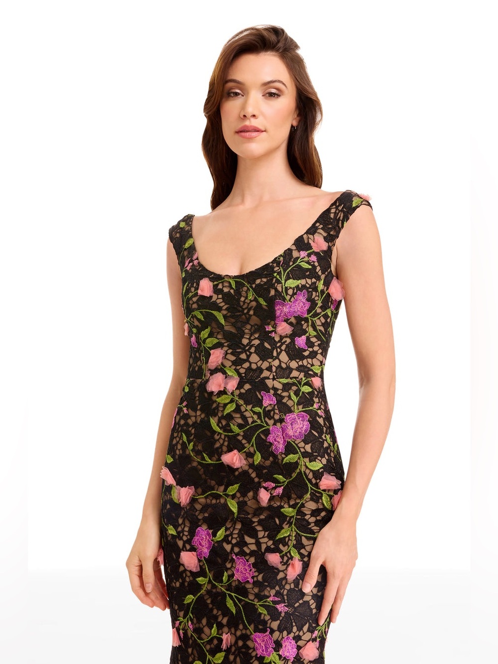 DRESS THE POPULATION Josie Floral Appliqué Sleeveless Gown In Black Multi Size S - Picture 11 of 17